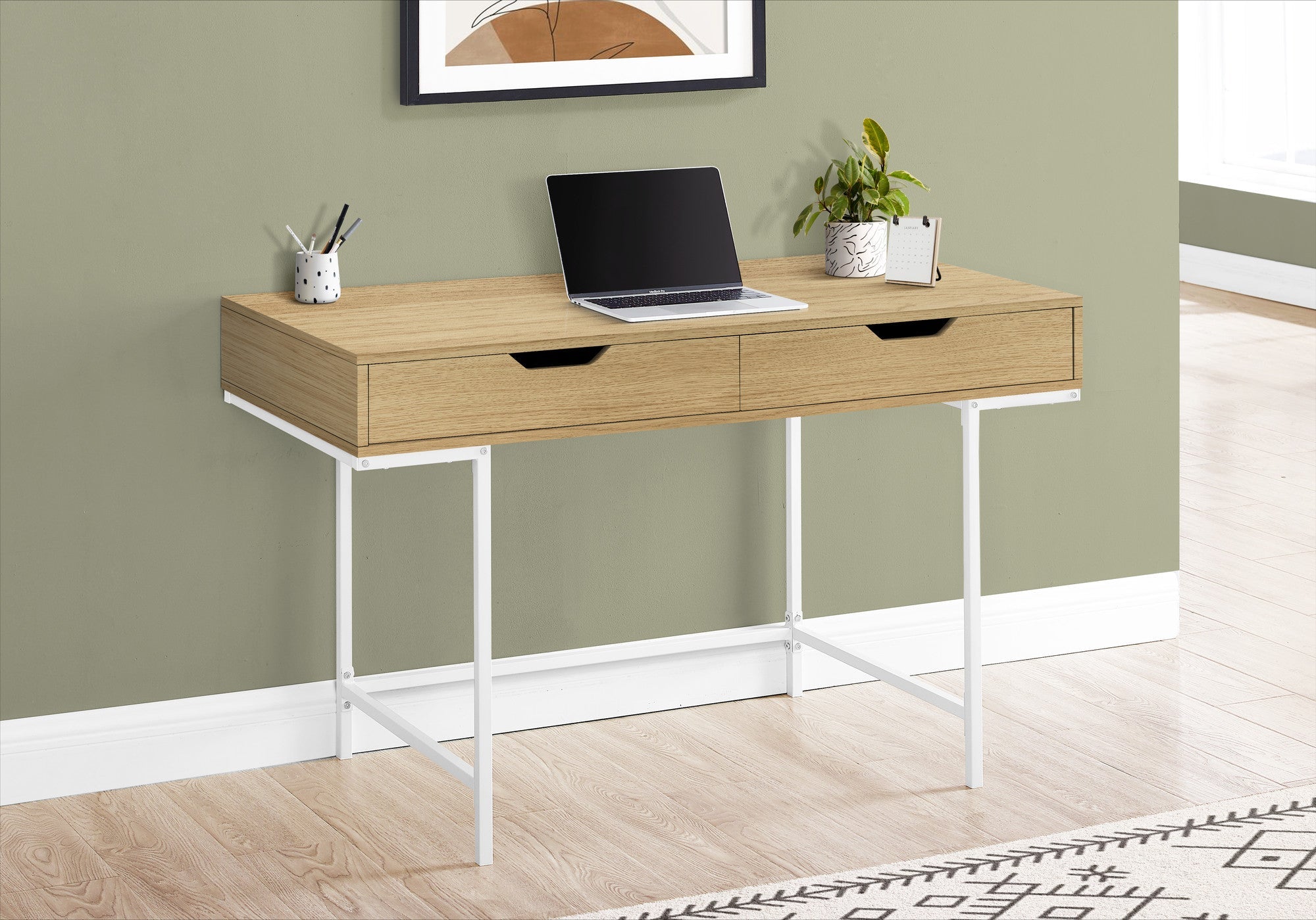 47" Natural and White Wood and Metal H-Shape Computer Desk With Two Drawers Homeroots Office