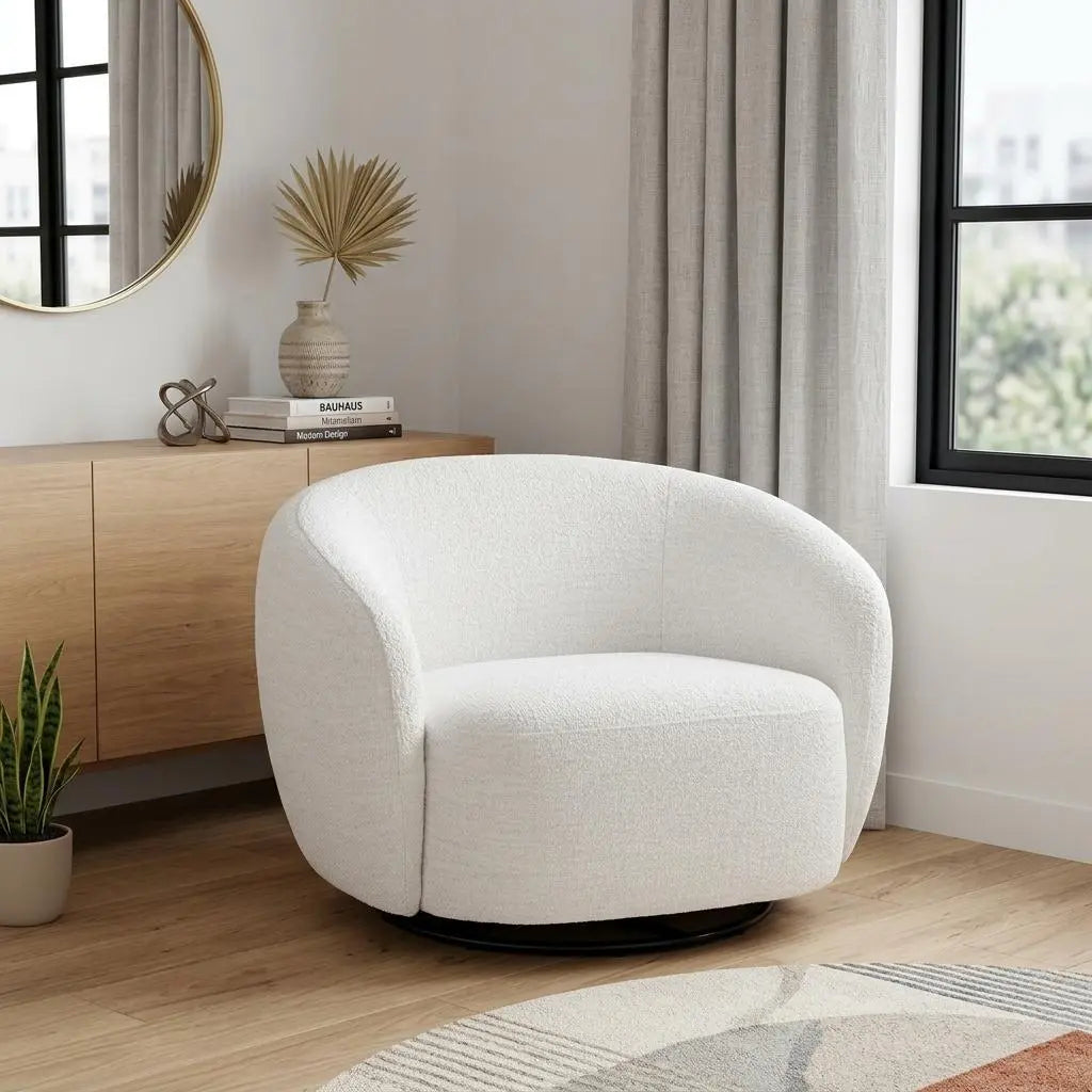 47" Off White And Black Upholstered Swivel Barrel Chair Homeroots Living Room
