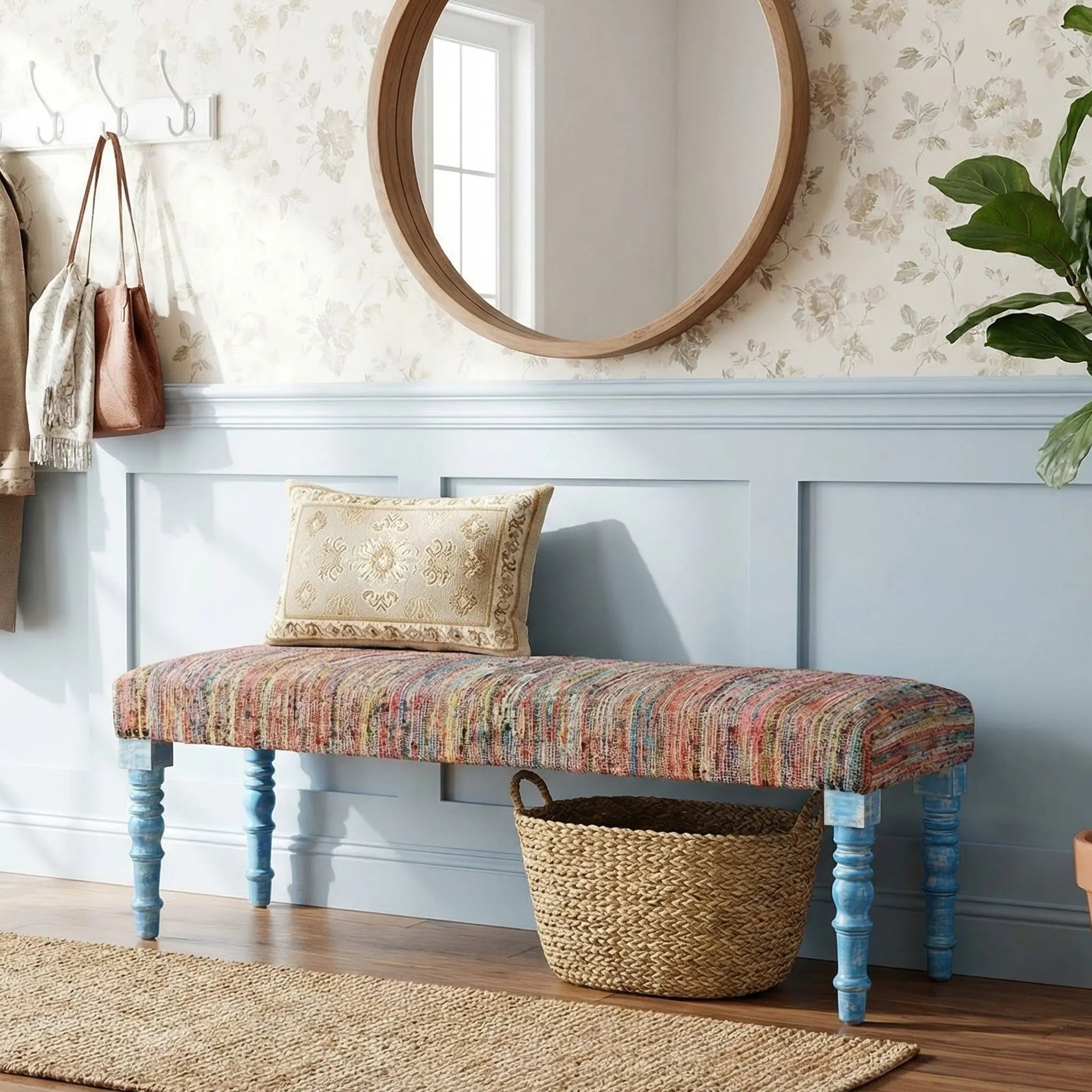 47" Rainbow Stripe Blue Leg Upholstered Bench Homeroots Living Room