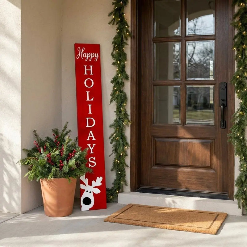 47" Red And White Solid Wood Happy Holidays Christmas Reindeer Porch Sign Homeroots Outdoor