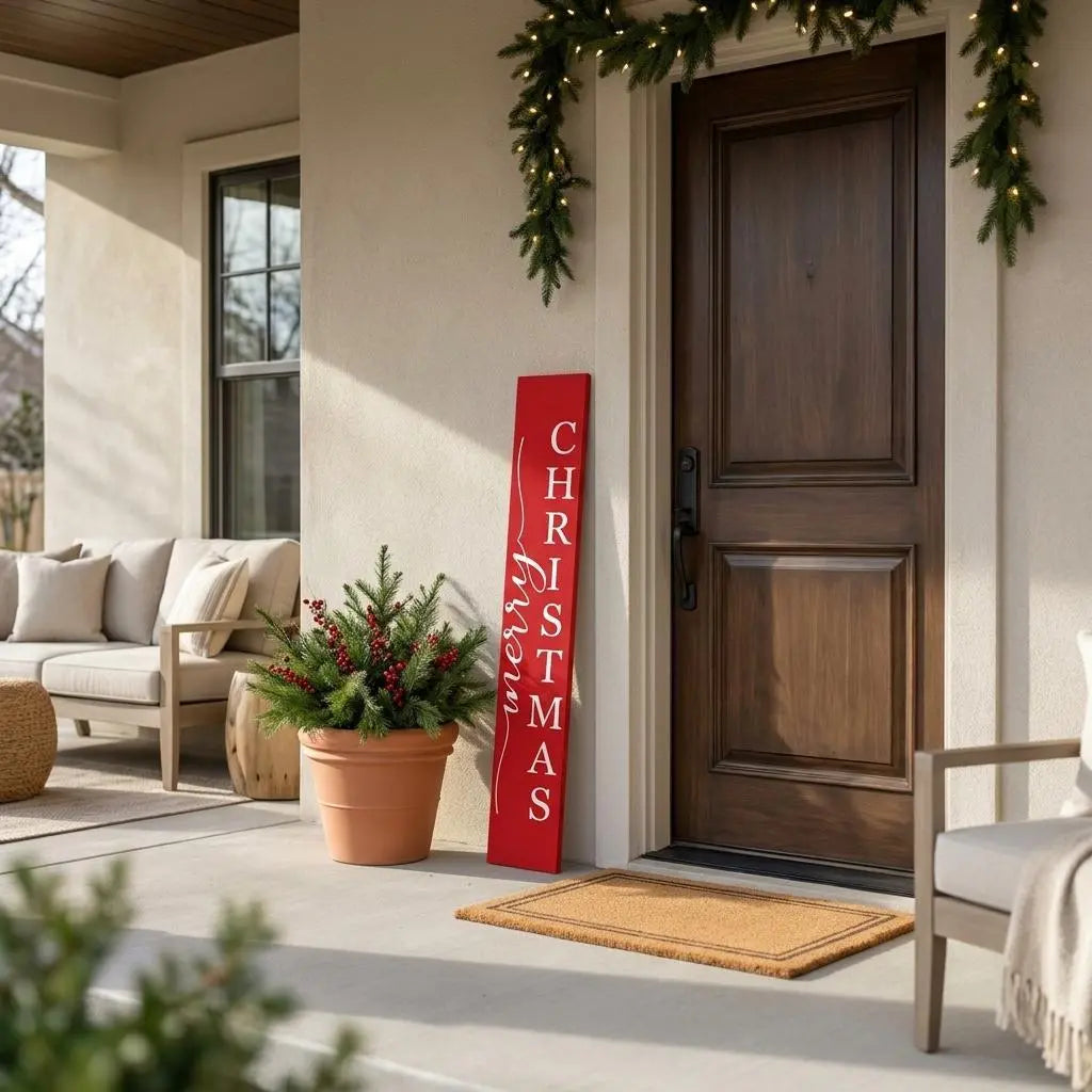 47" Red And White Solid Wood Merry Christmas Christmas Snow Scene Porch Sign Homeroots Outdoor
