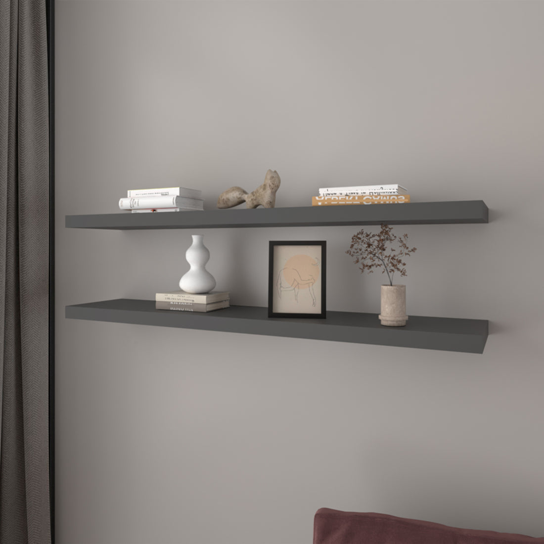 47" Set Of Two Dark Gray Wood Wall Mounted Floating Shelves - GreatEagleInc