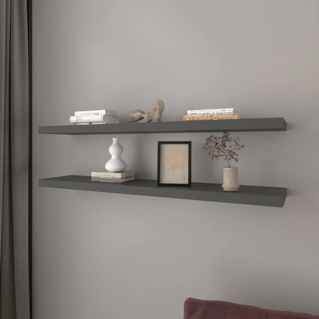 47" Set Of Two Dark Gray Wood Wall Mounted Floating Shelves - GreatEagleInc