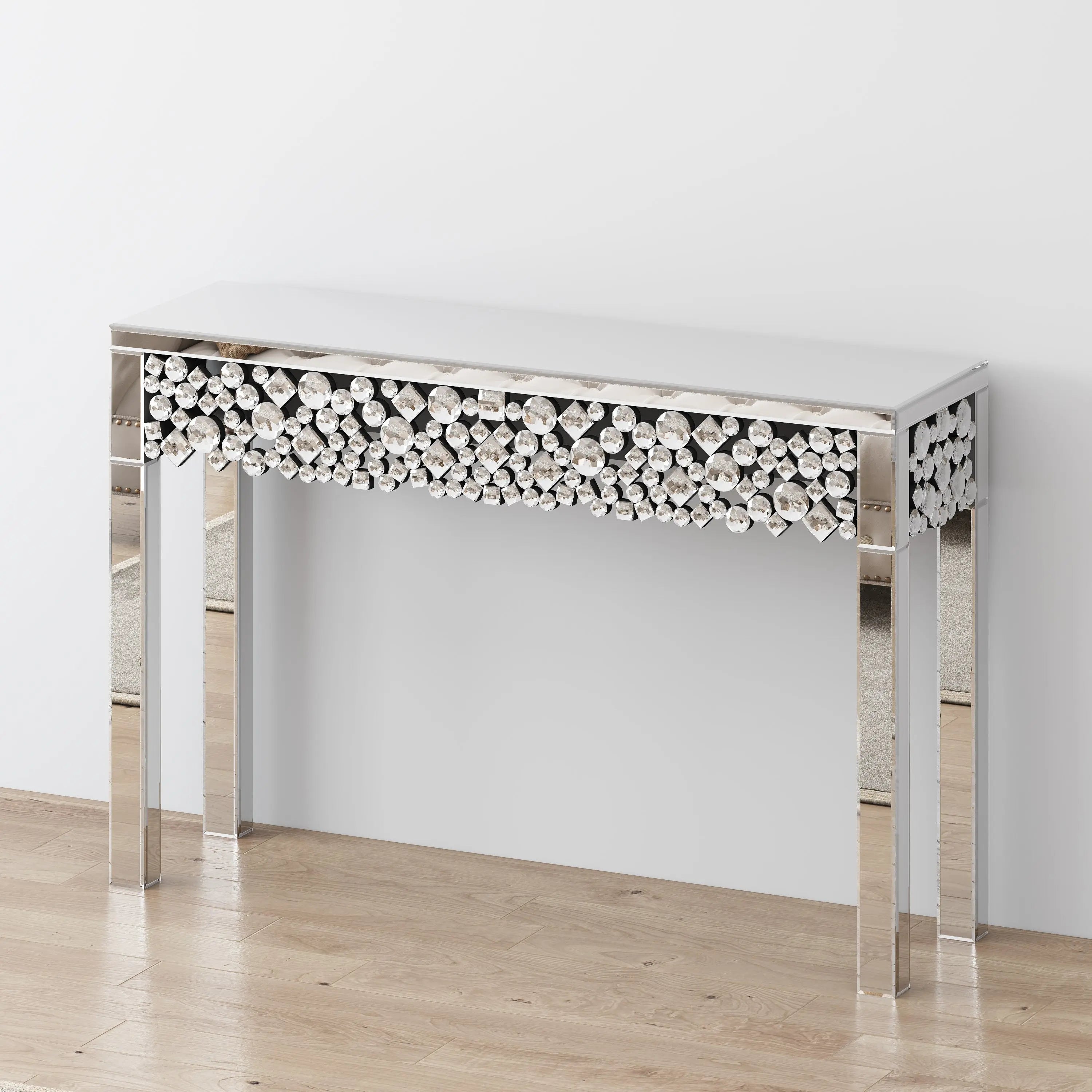 47" Silver Mirrored Glass Faux Crystal Bling Console Table Homeroots Living Room