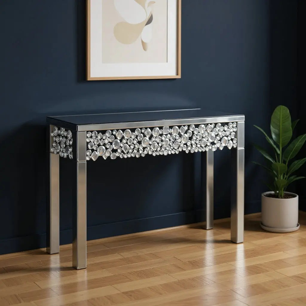 47" Silver Mirrored Glass Faux Crystal Bling Console Table Homeroots Living Room