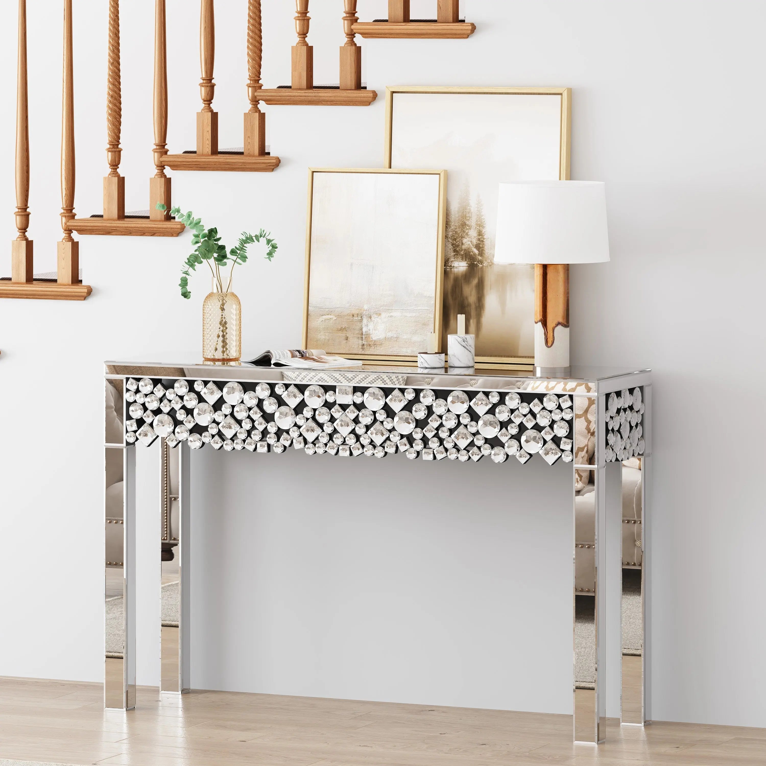 47" Silver Mirrored Glass Faux Crystal Bling Console Table Homeroots Living Room
