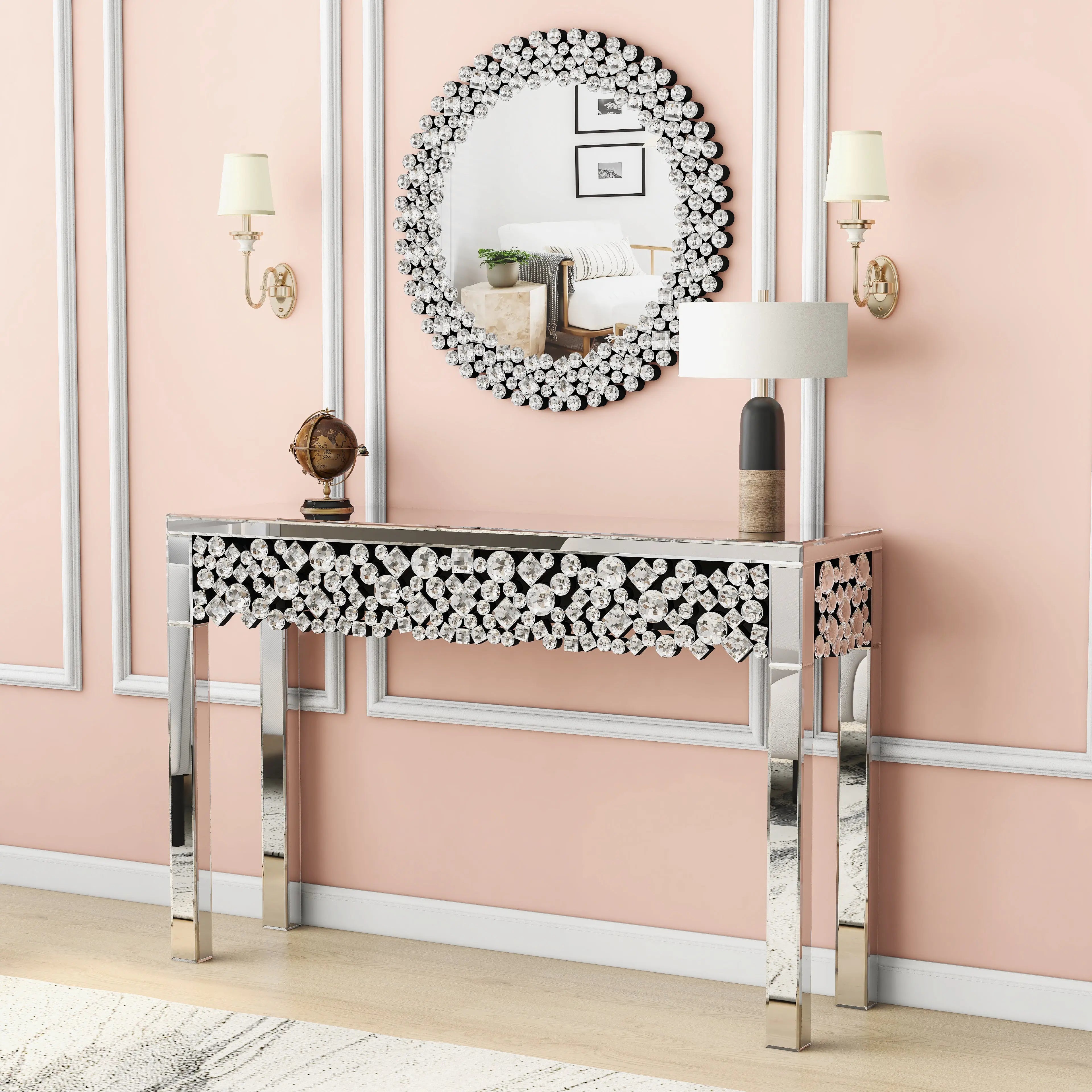 47" Silver Mirrored Glass Faux Crystal Bling Console Table Homeroots Living Room