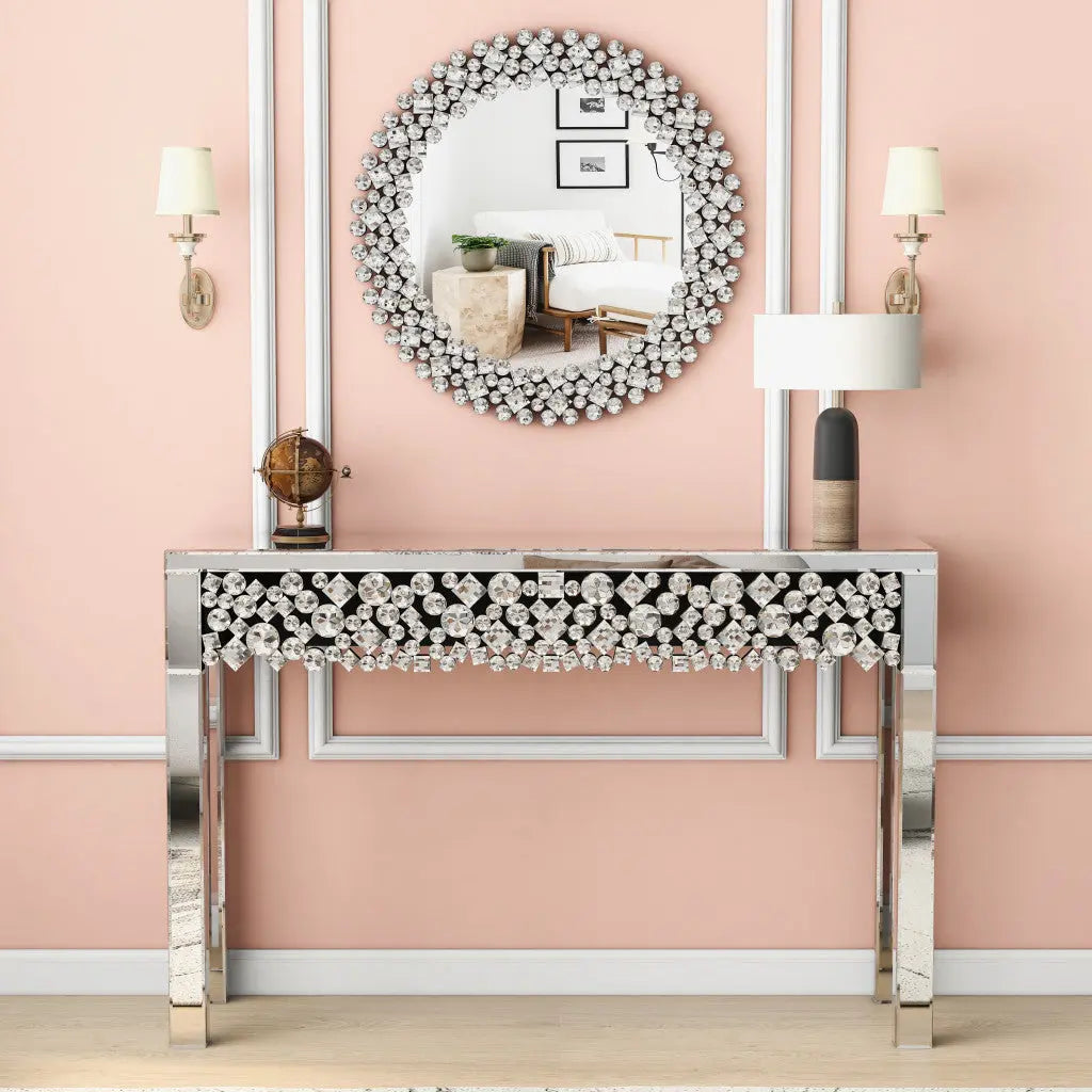 47" Silver Mirrored Glass Faux Crystal Bling Console Table Homeroots Living Room
