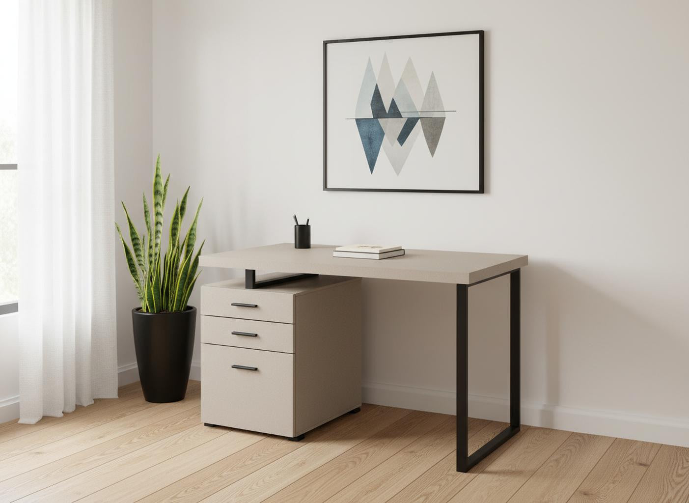 47" Taupe and Black Wood and Metal Sled Computer Desk With Three Drawers Homeroots Office