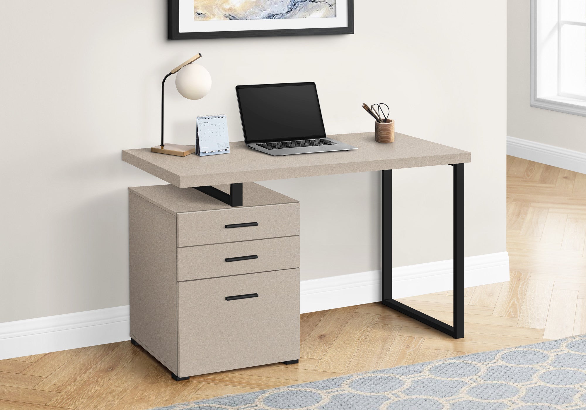 47" Taupe and Black Wood and Metal Sled Computer Desk With Three Drawers Homeroots Office