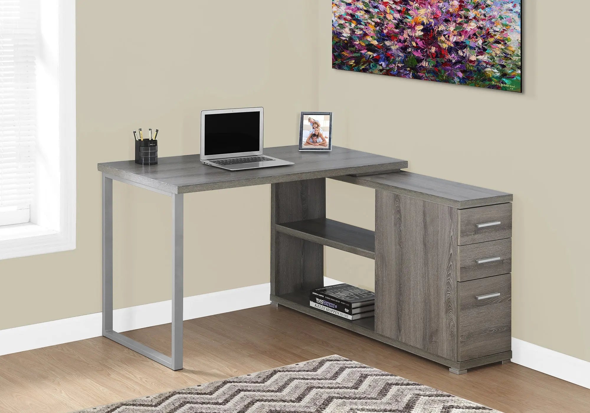 47" Taupe and Silver L Shape Computer Desk With Three Drawers - GreatEagleInc