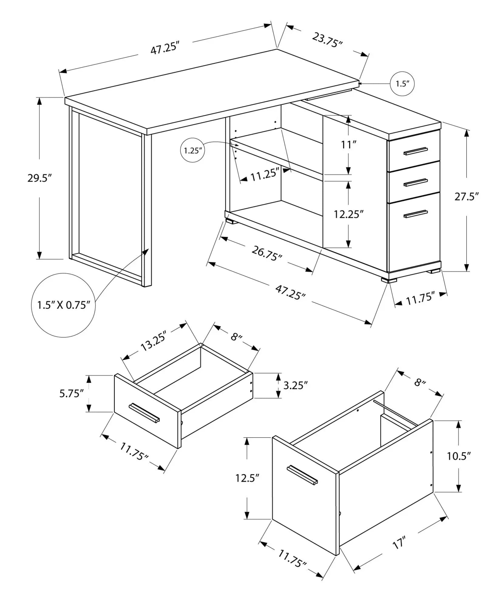 47" Taupe and Silver L Shape Computer Desk With Three Drawers - GreatEagleInc