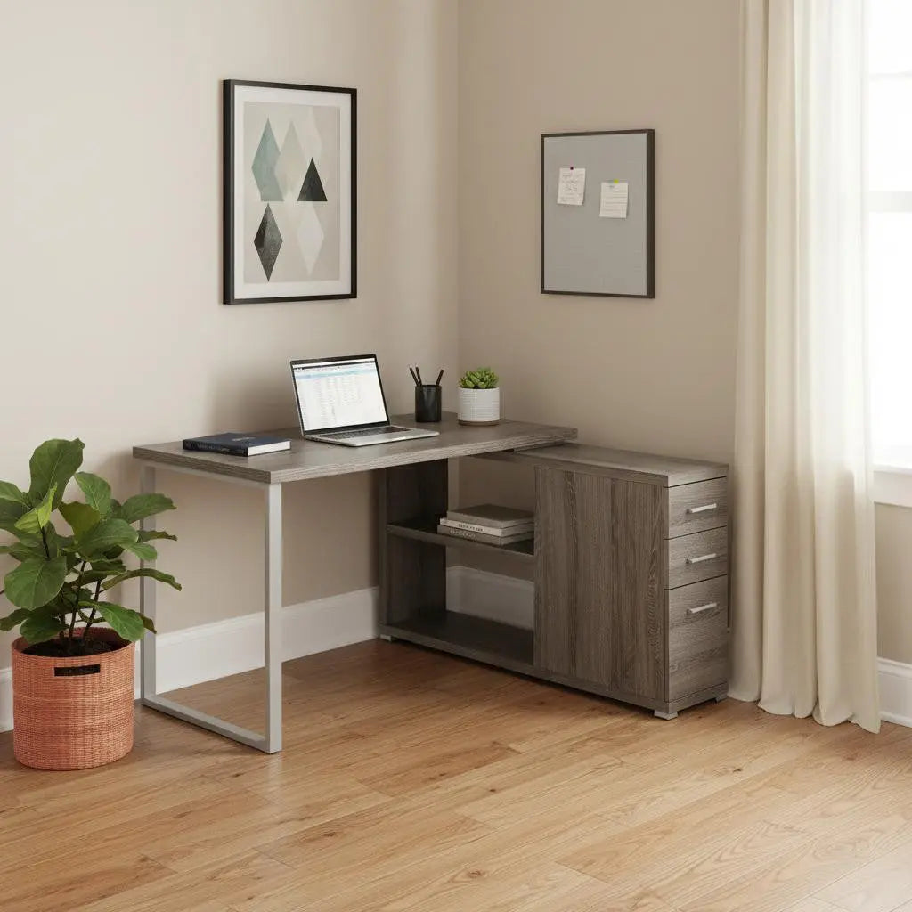 47" Taupe and Silver L Shape Computer Desk With Three Drawers - GreatEagleInc