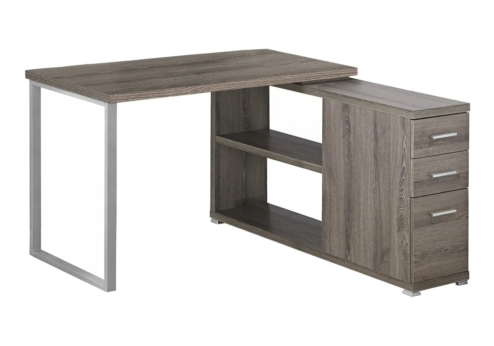 47" Taupe and Silver L Shape Computer Desk With Three Drawers - GreatEagleInc