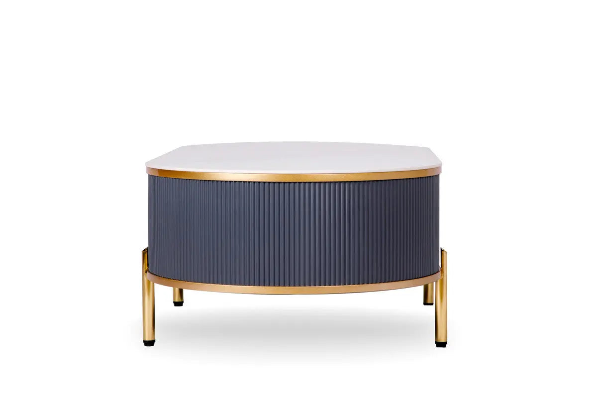 47" White And Gold Stone And Stainless Steel Oval Coffee Table With Drawer Homeroots Living Room