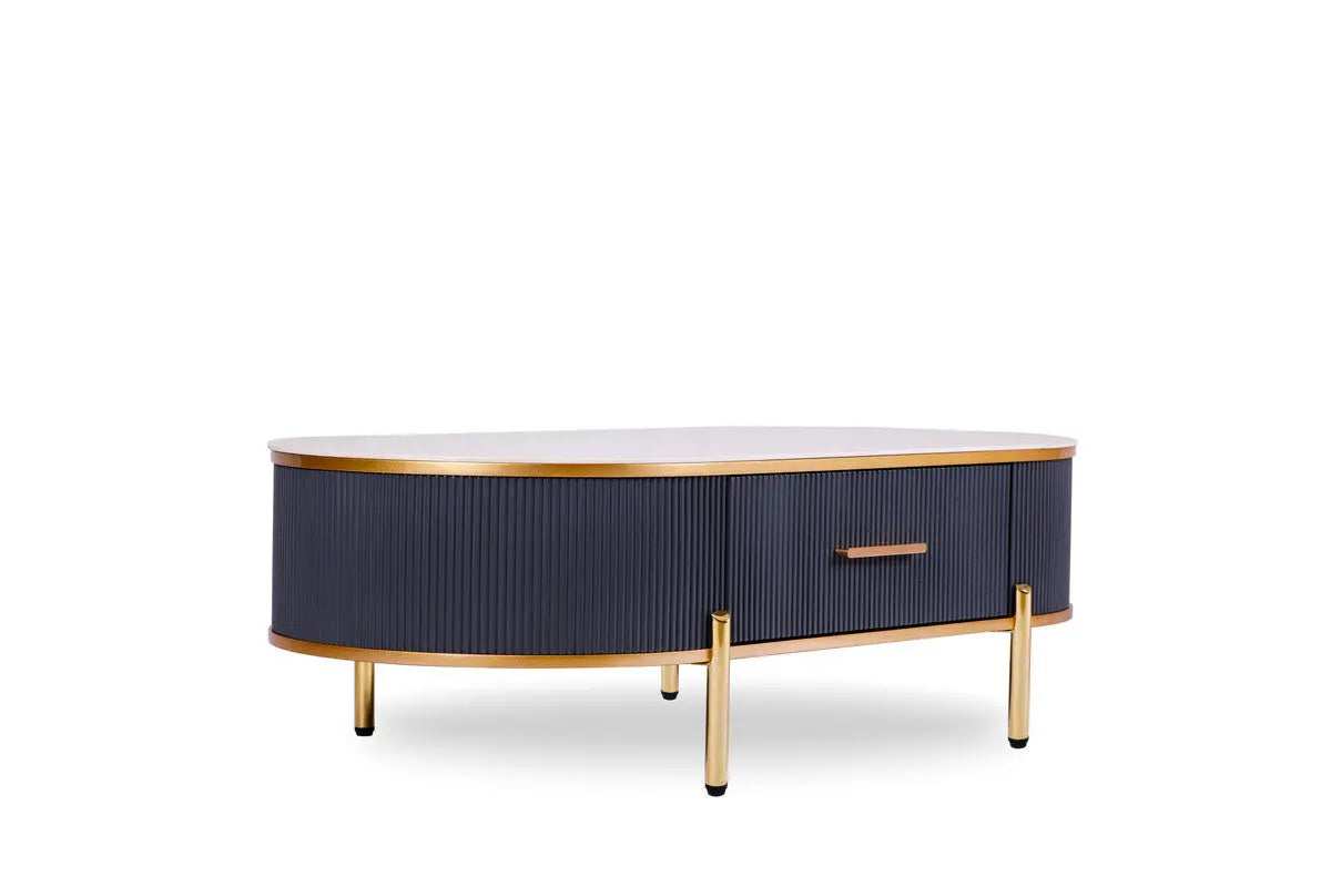 47" White And Gold Stone And Stainless Steel Oval Coffee Table With Drawer Homeroots Living Room