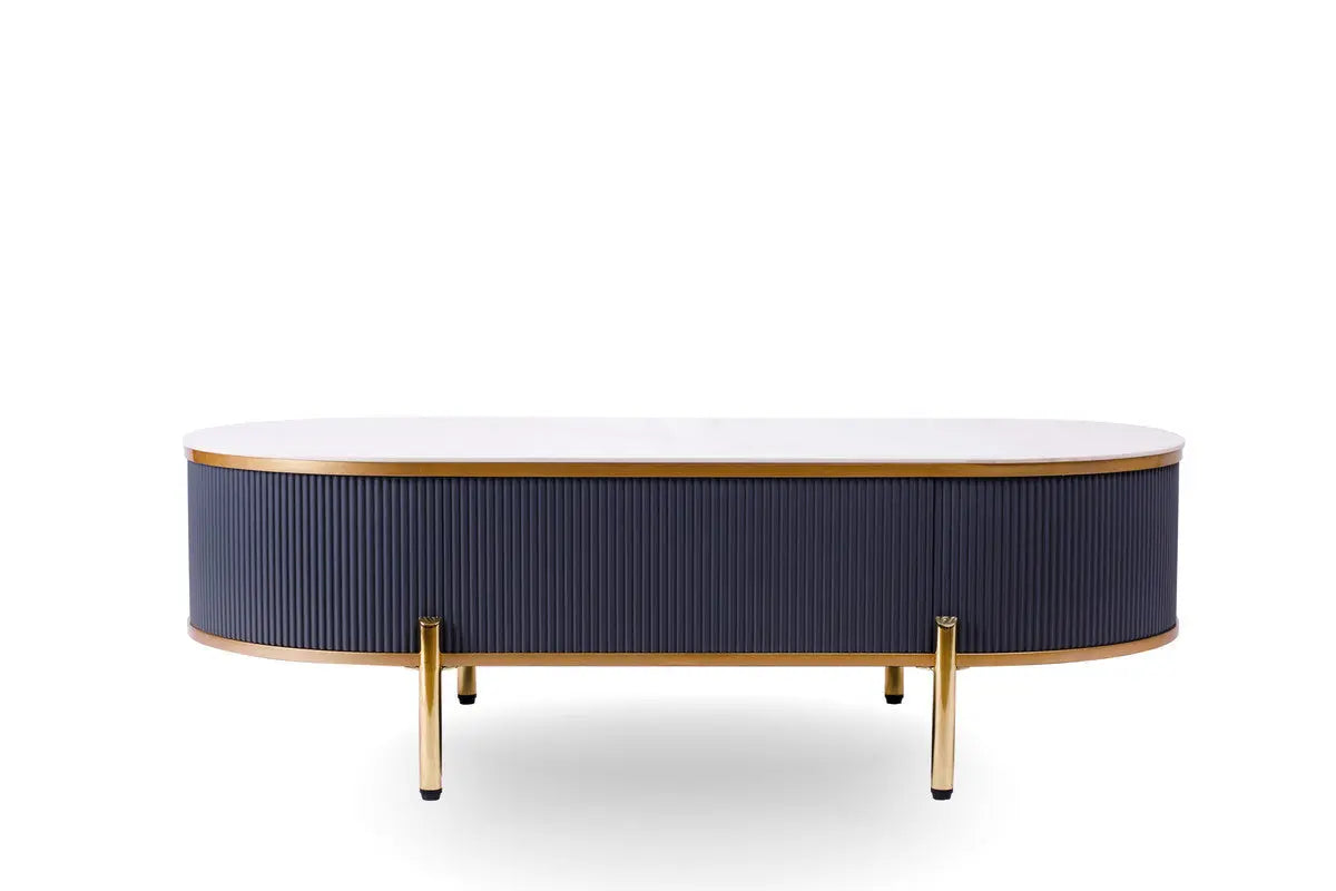 47" White And Gold Stone And Stainless Steel Oval Coffee Table With Drawer Homeroots Living Room