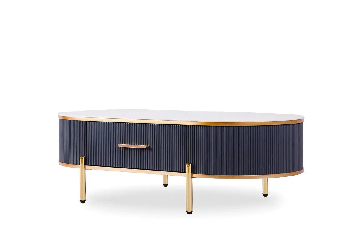 47" White And Gold Stone And Stainless Steel Oval Coffee Table With Drawer Homeroots Living Room
