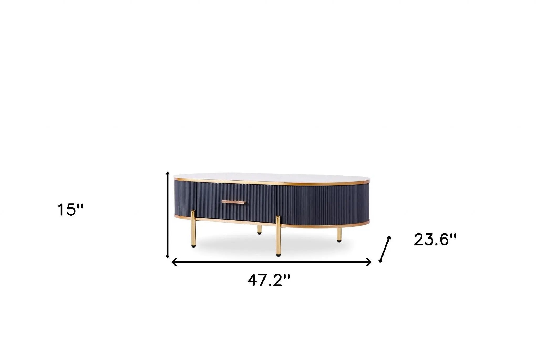 47" White And Gold Stone And Stainless Steel Oval Coffee Table With Drawer Homeroots Living Room