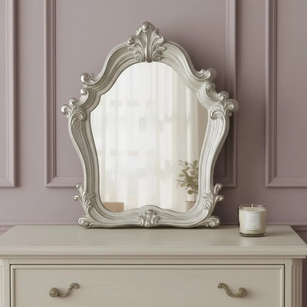 47" White And Silver Abstract Wood Framed Antiqued Glass Mounted Dresser Mirror Homeroots Bed & Bath