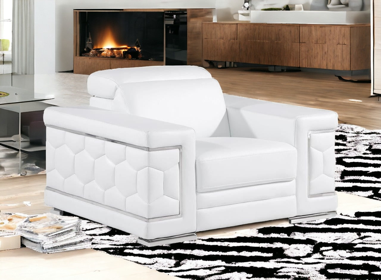 47" White And Silver Genuine Leather Club Chair - GreatEagleInc
