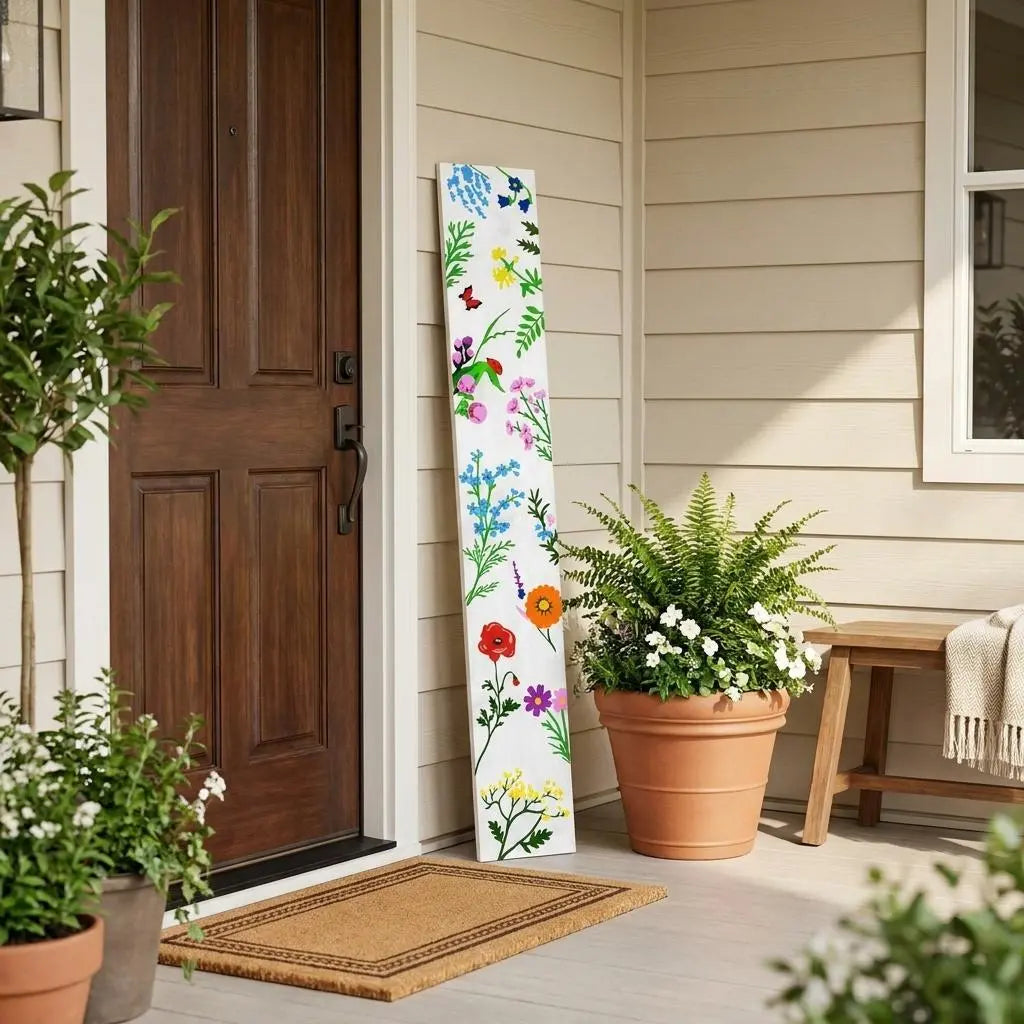 47" White Blue And Green Solid Wood Floral Bouquet Porch Sign Homeroots Outdoor