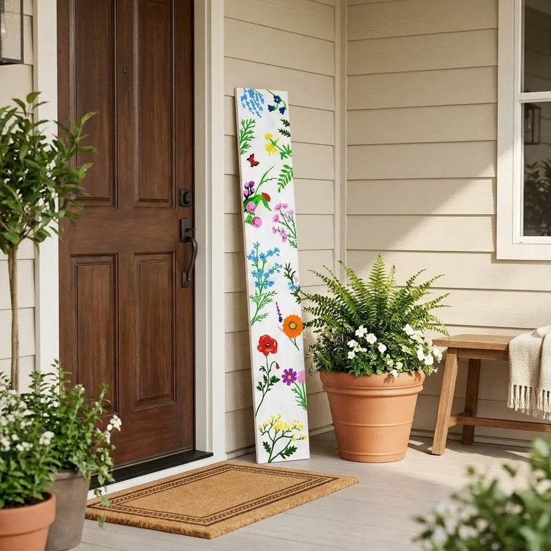47" White Blue And Green Solid Wood Floral Bouquet Porch Sign Homeroots Outdoor