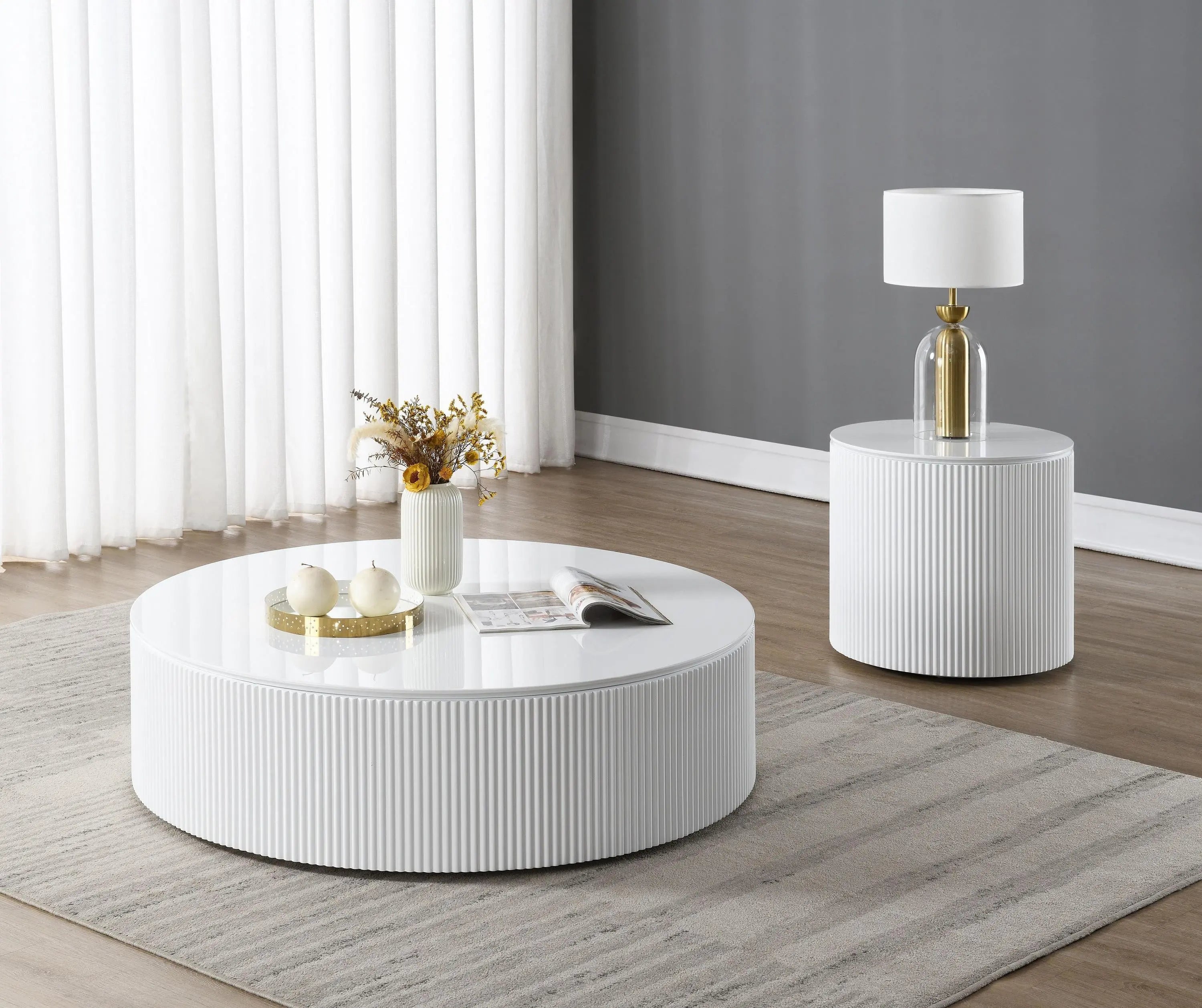 47" White Wood Round Drum Coffee Table Homeroots Living Room