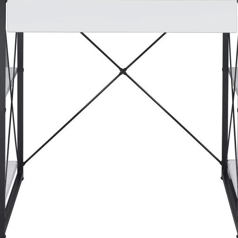 Modern black metal frame desk with a sleek white top, ideal for home office or study.