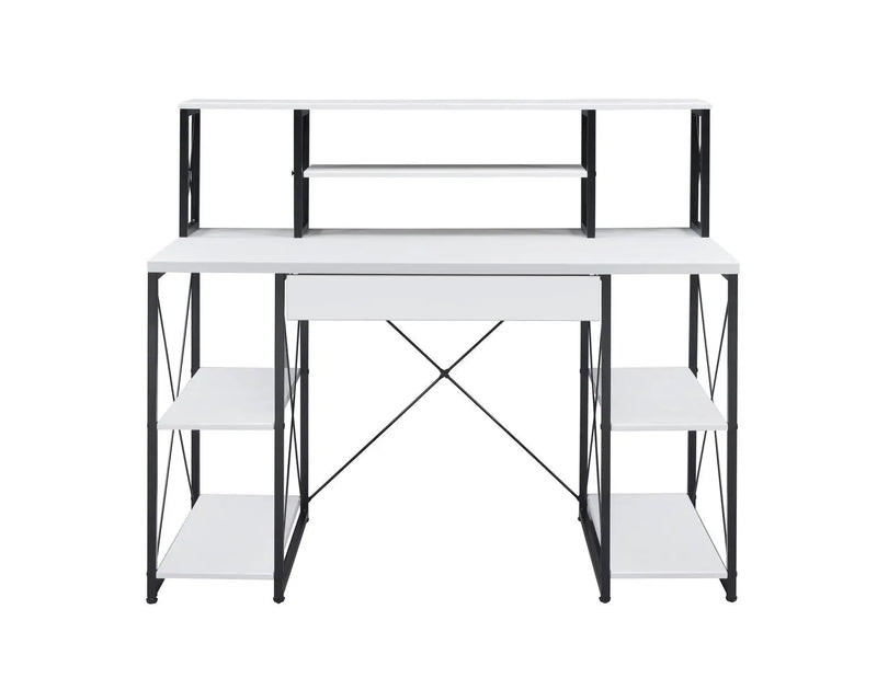 White modern desk with metal frame and black accents, featuring shelves and a central drawer for storage.