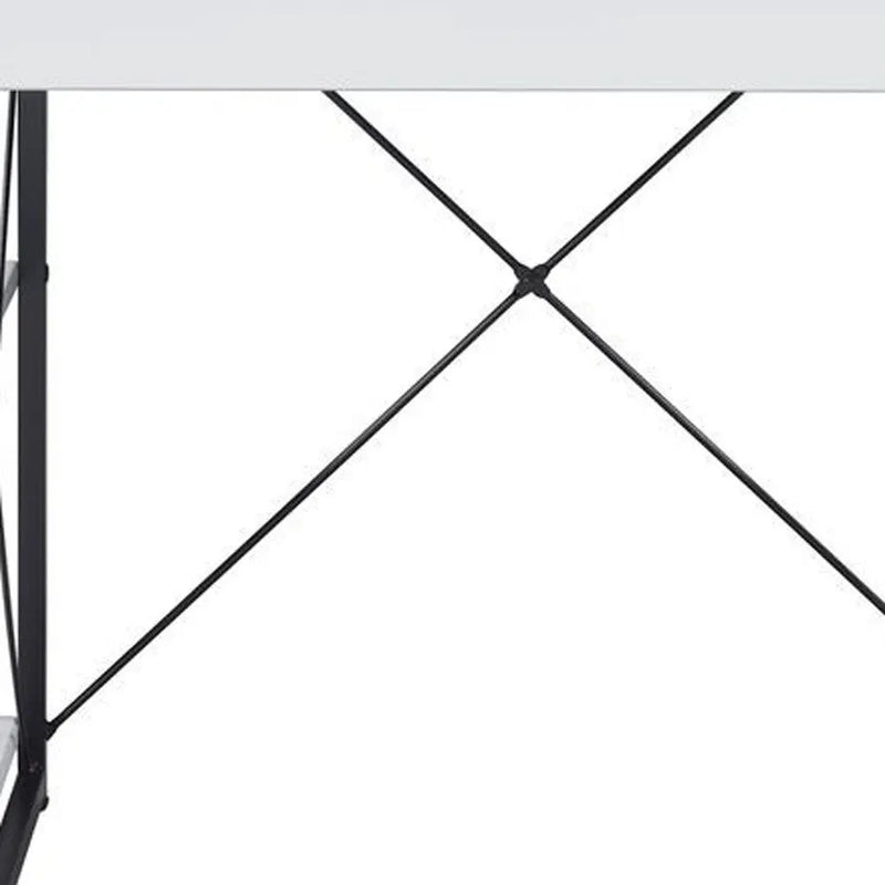 White modern desk with metal black legs and crossbar support for a sleek, industrial look. Ideal for home offices.