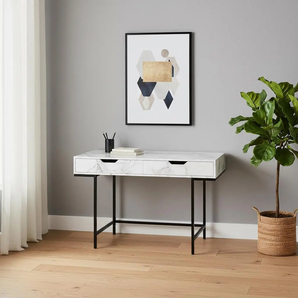 47" White and Black Wood and Metal H-Shape Computer Desk With Two Drawers Homeroots Office