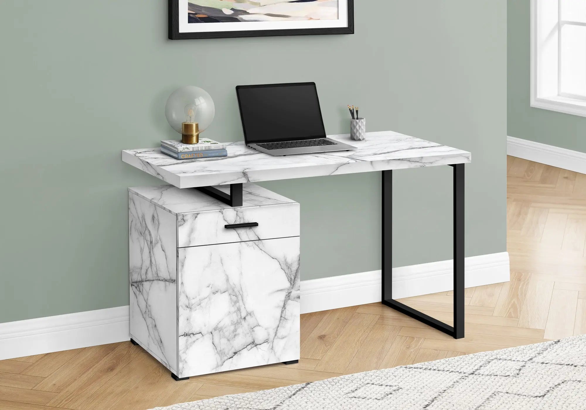47" White and Black Wood and Metal Sled Computer Desk Homeroots Office