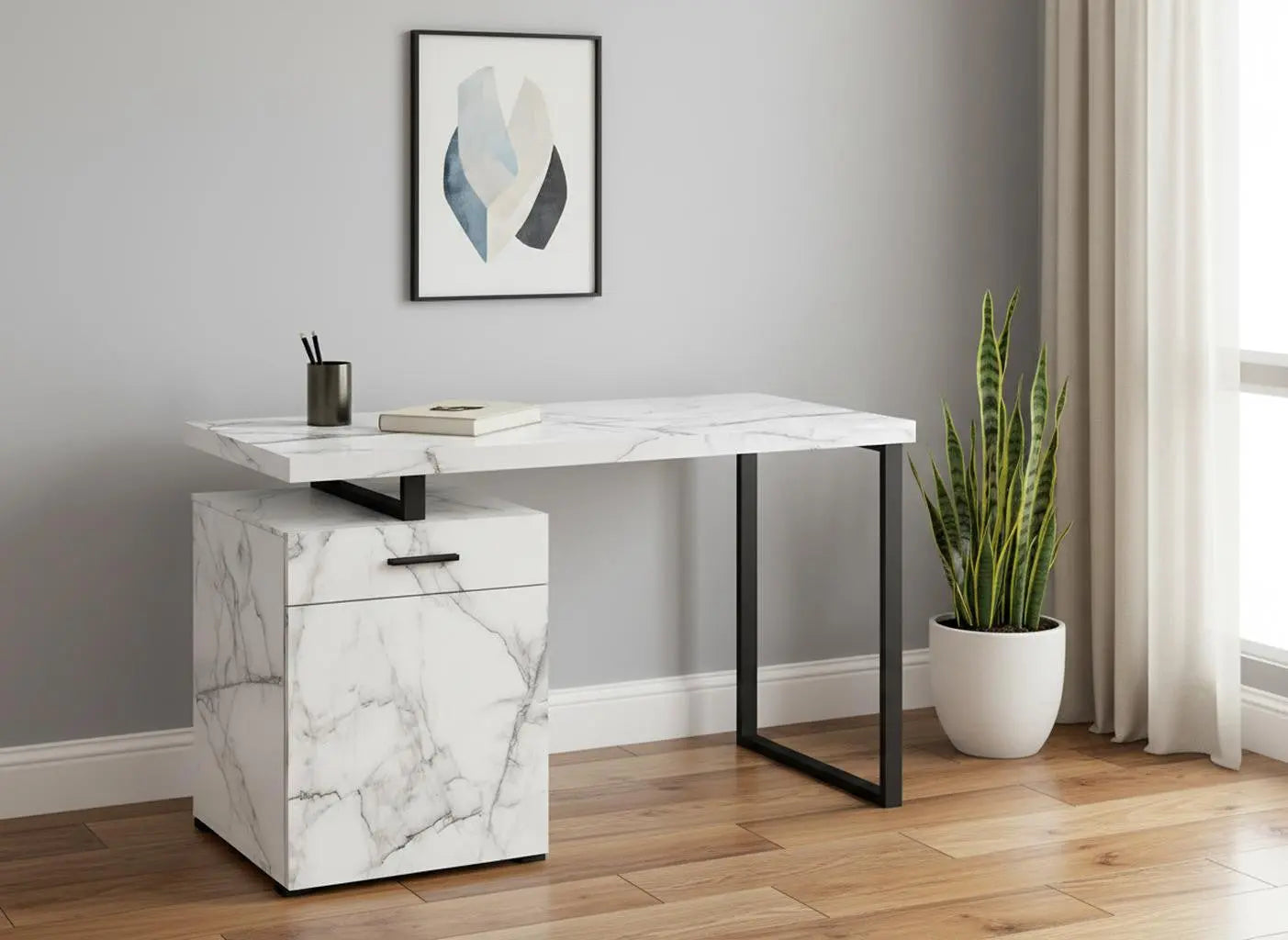47" White and Black Wood and Metal Sled Computer Desk Homeroots Office