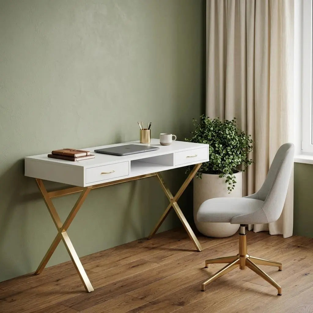 47" White and Gold Wood and Metal Computer Desk With Two Drawers Homeroots Office