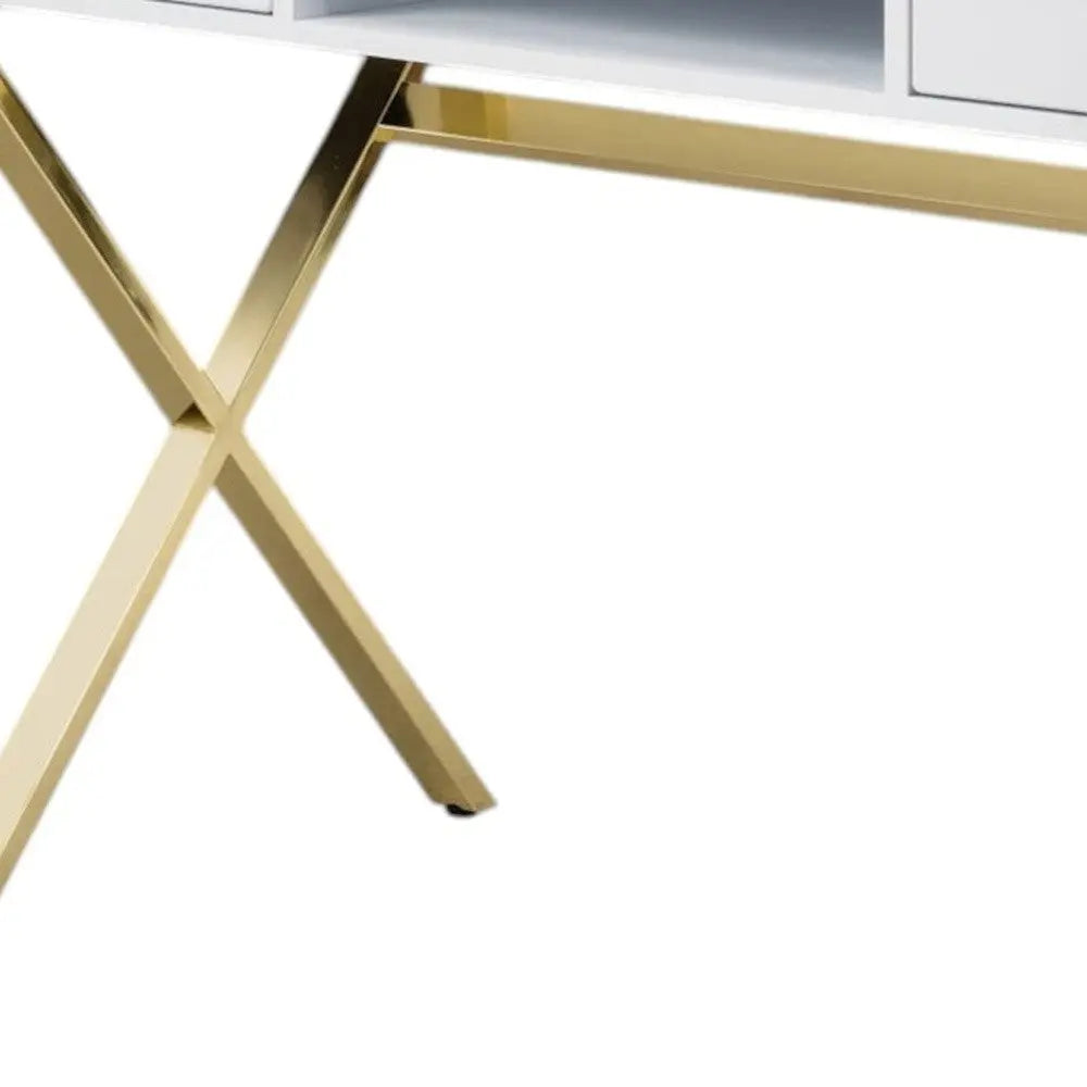 47" White and Gold Wood and Metal Computer Desk With Two Drawers Homeroots Office