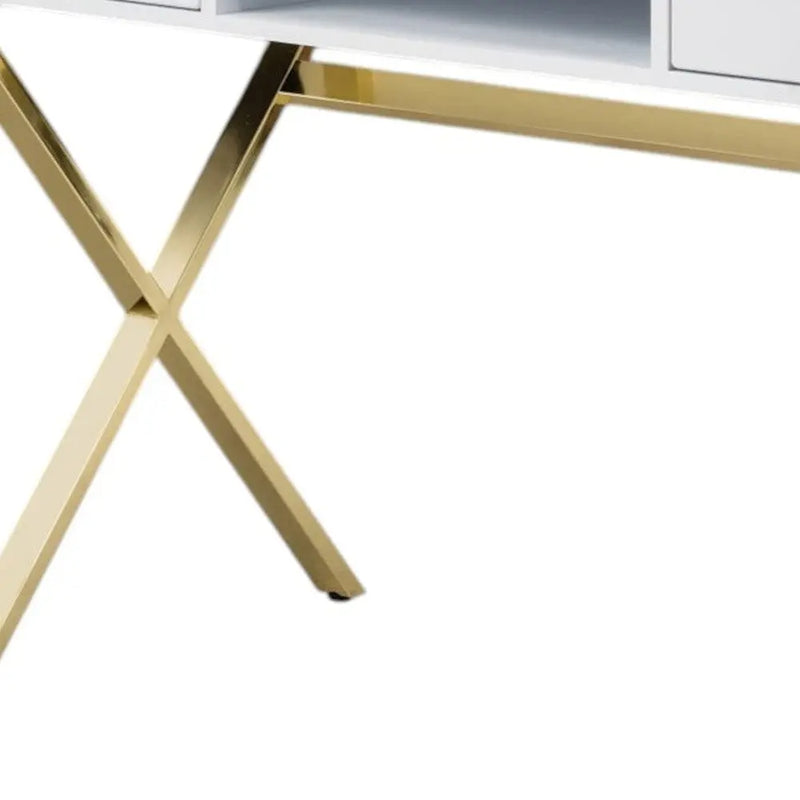 47" White and Gold Wood and Metal Computer Desk With Two Drawers Homeroots Office