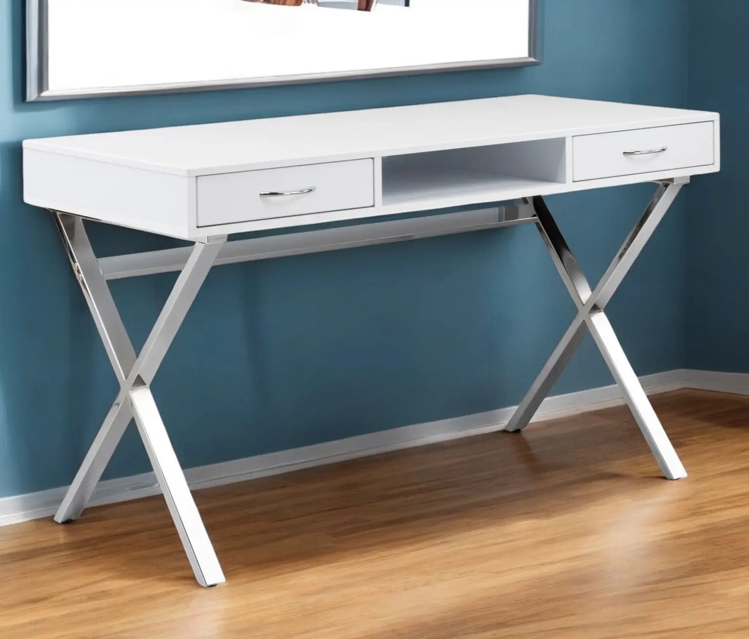 47" White and Silver Wood and Metal Computer Desk With Two Drawers Homeroots Office