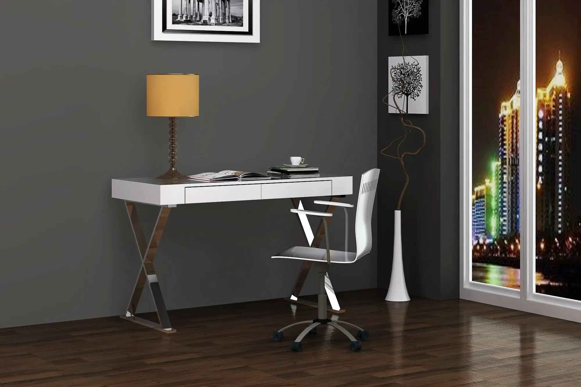 47" White and Silver Writing Desk With Two Drawers Homeroots Office