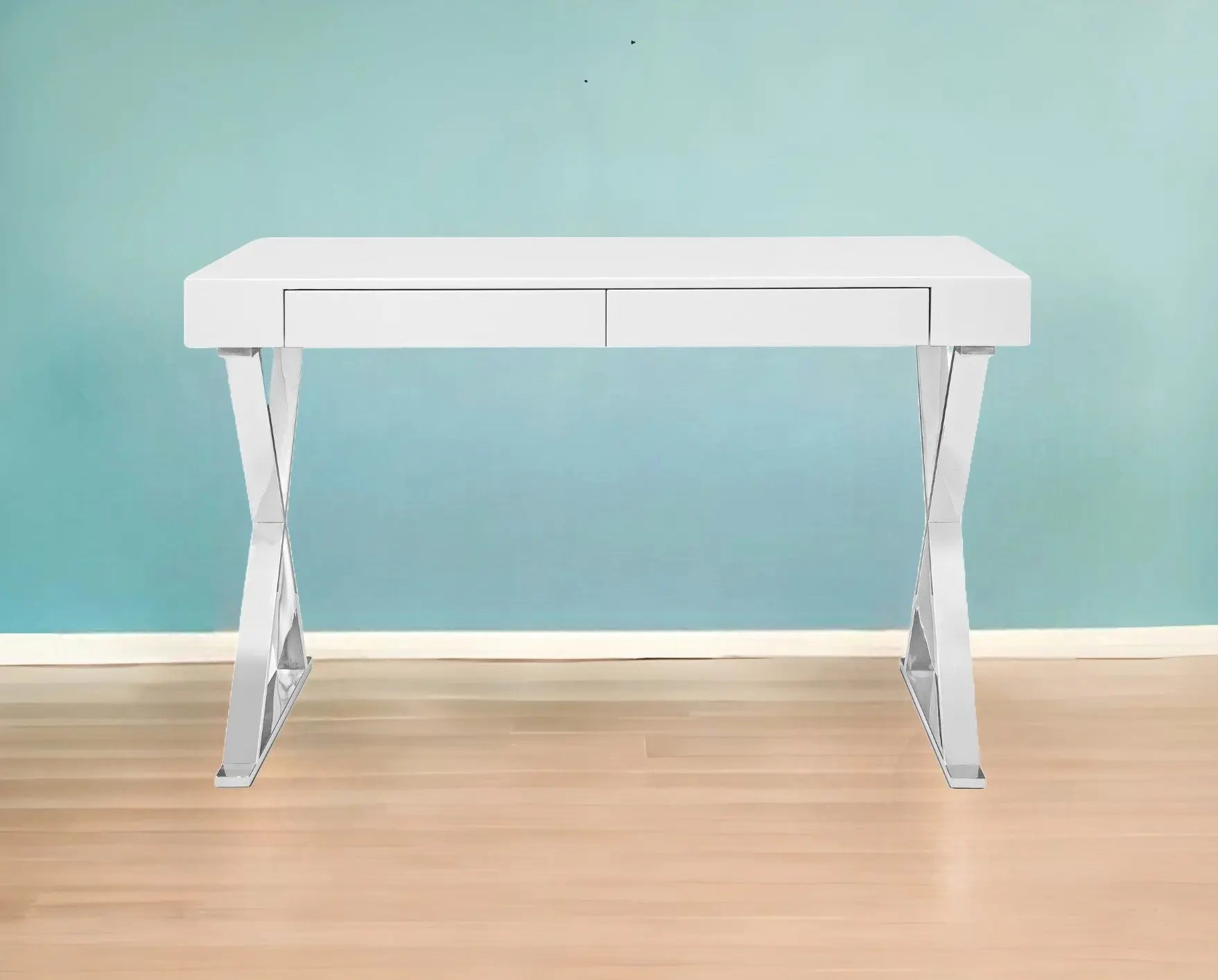 47" White and Silver Writing Desk With Two Drawers Homeroots Office