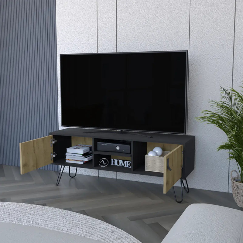 48" Beige and Black Cabinet Open And Enclosed Storage TV Stand Homeroots Living Room
