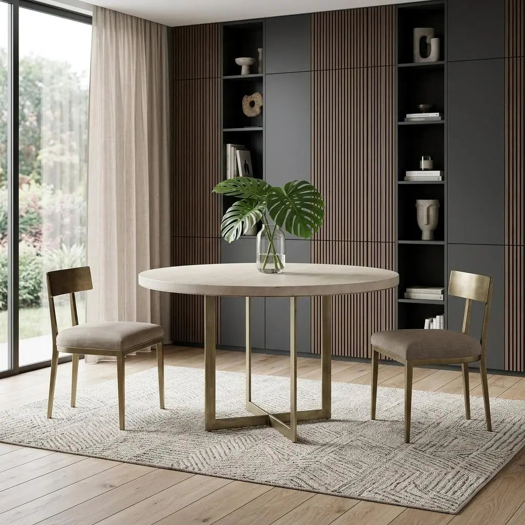 48" Beige and Gold Solid Wood and Iron Trestle Base Round Top Dining Table Homeroots Kitchen & Dining
