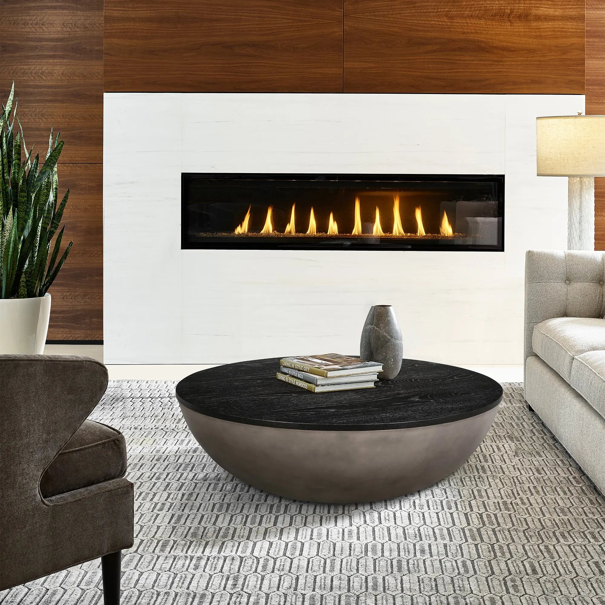 48" Black And Gray Solid Wood And Concrete Round Coffee Table Homeroots Living Room