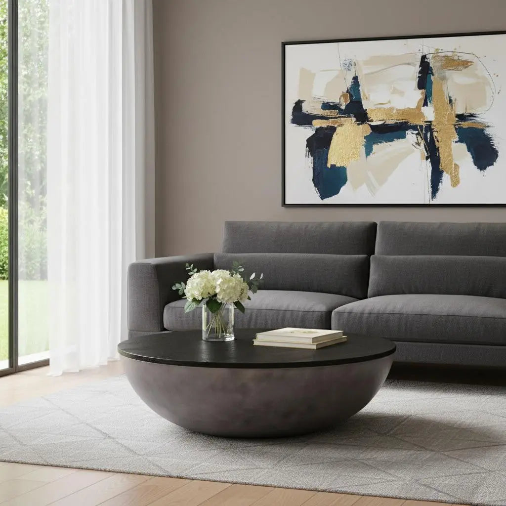 48" Black And Gray Solid Wood And Concrete Round Coffee Table Homeroots Living Room