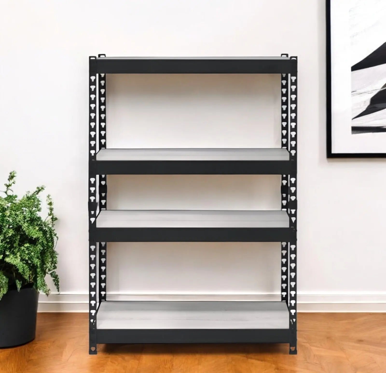 48" Black And Natural Metal and Wood Adjustable Four Tier Bookcase Homeroots Office