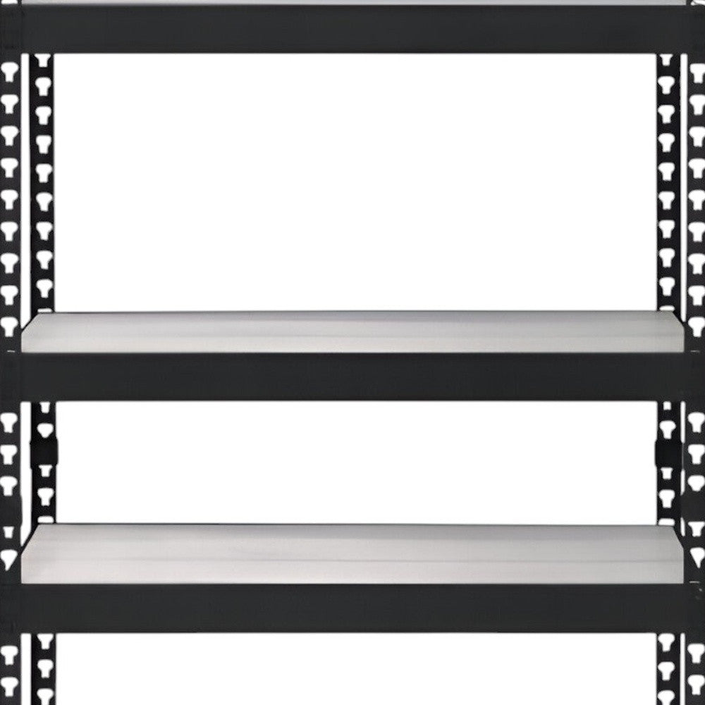Black metal shelving unit with three sturdy gray shelves, ideal for storage and organization in garages or warehouses.