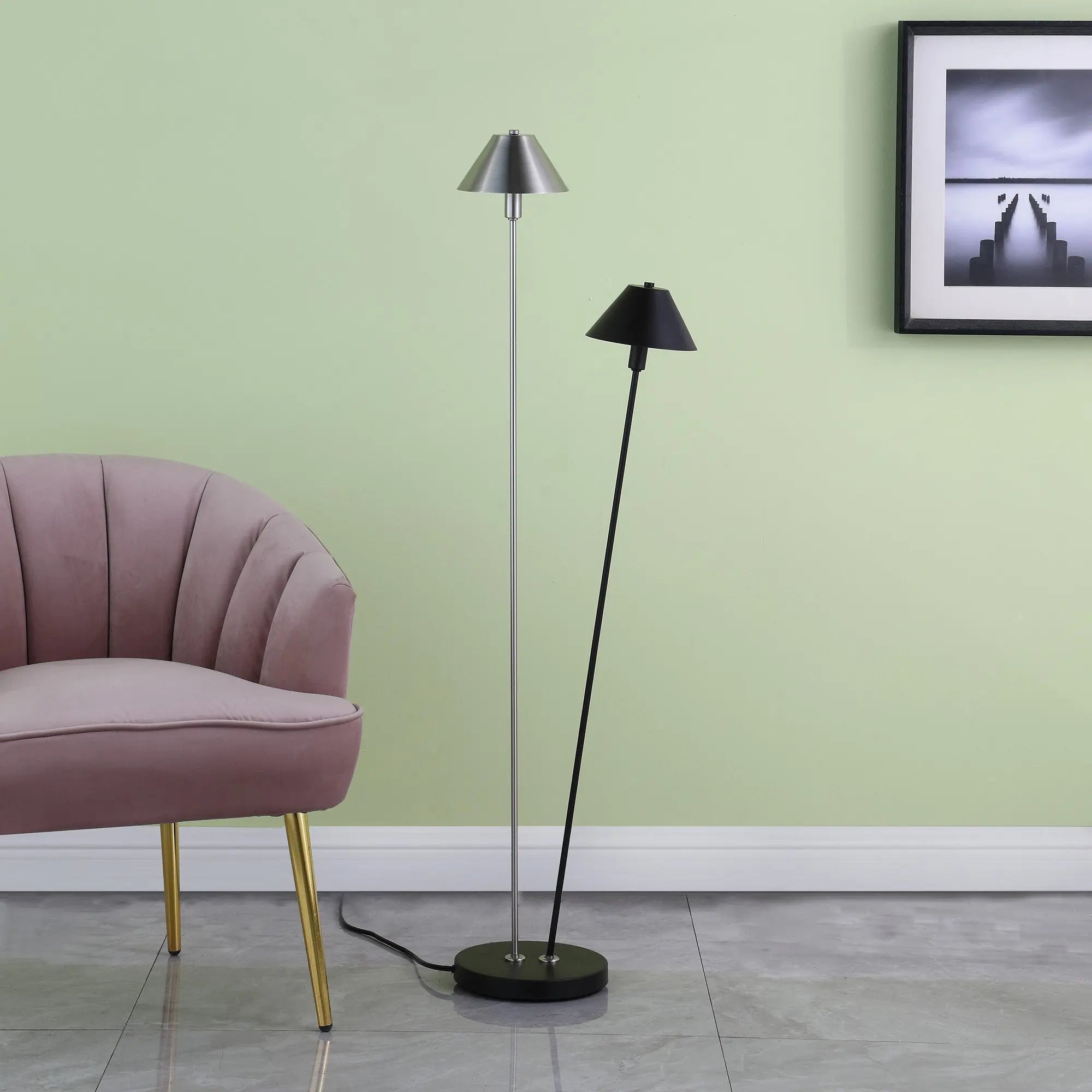 48" Black And Silver Two Light LED Novelty Floor Lamp With Black And Silver Metal Empire Shade Homeroots Lighting