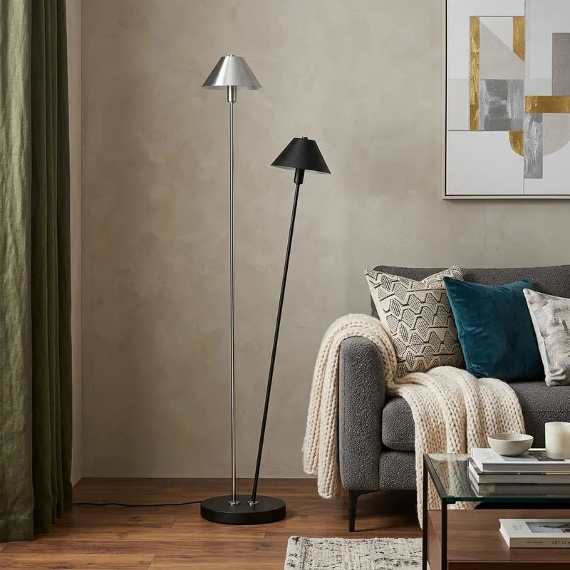 48" Black And Silver Two Light LED Novelty Floor Lamp With Black And Silver Metal Empire Shade Homeroots Lighting