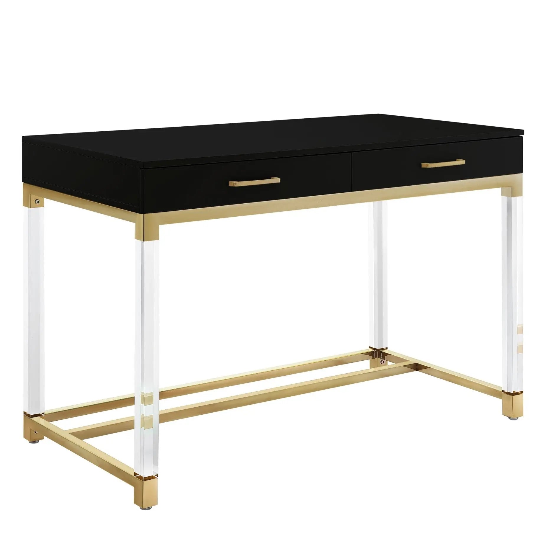 48" Black Clear and Gold Wood Acrylic and Stainless Steel Writing Desk With Two Drawers Homeroots Office