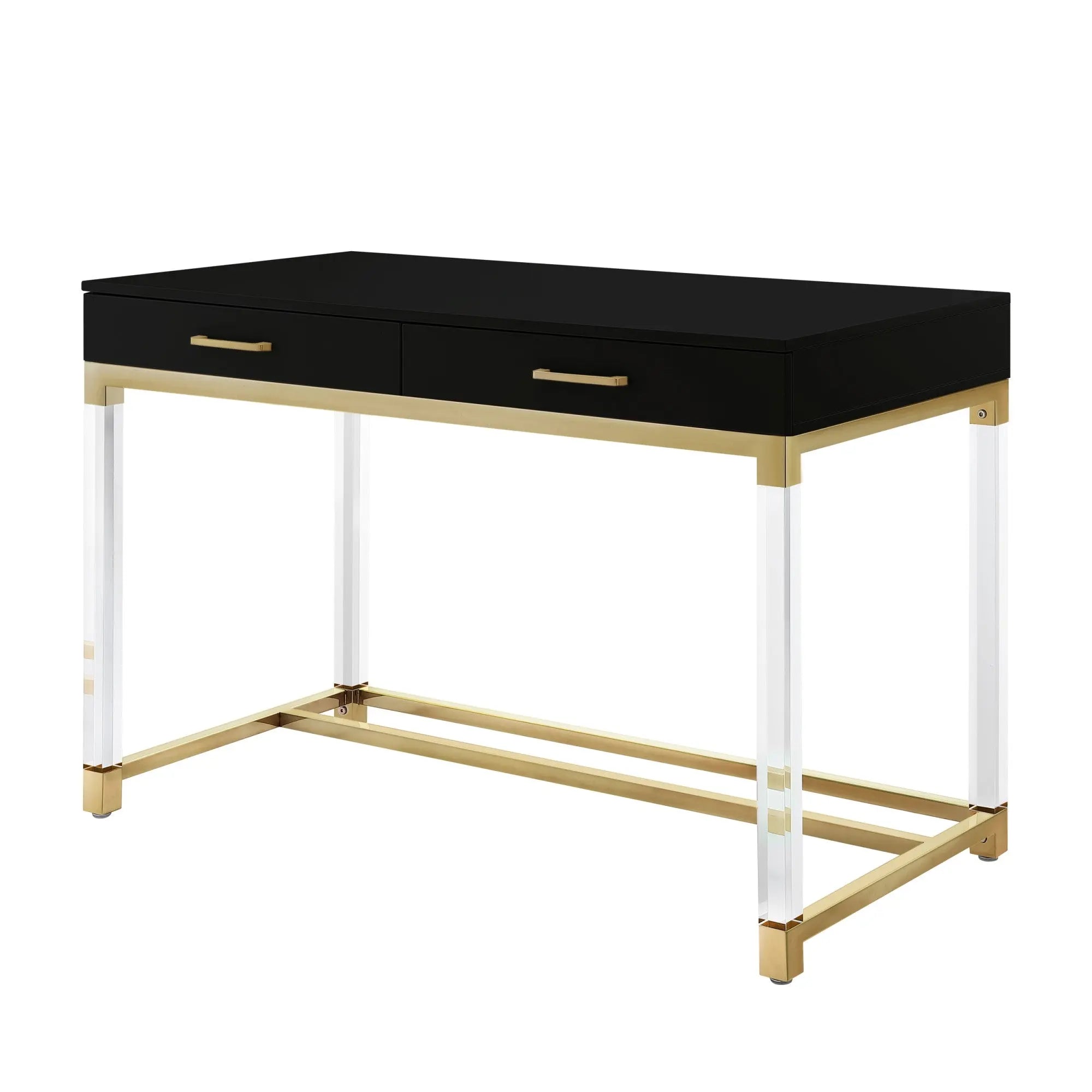 48" Black Clear and Gold Wood Acrylic and Stainless Steel Writing Desk With Two Drawers Homeroots Office